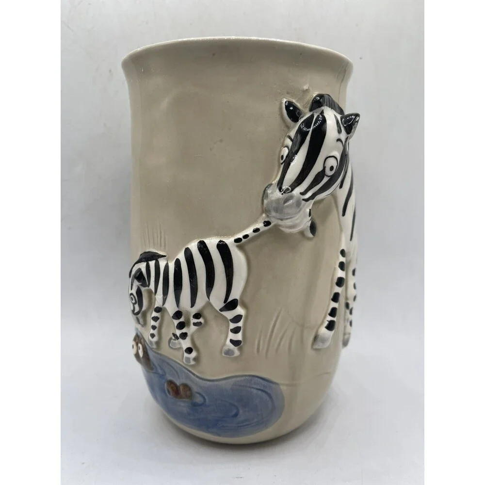 Vintage Quon Quon Japan Pottery Zebra Crocodile Vessel Hand Painted Ceramic Vase